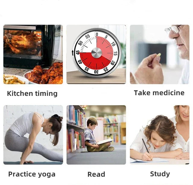 A collage of images of people doing different things with the help of magnetic mechanical 60-minute timer