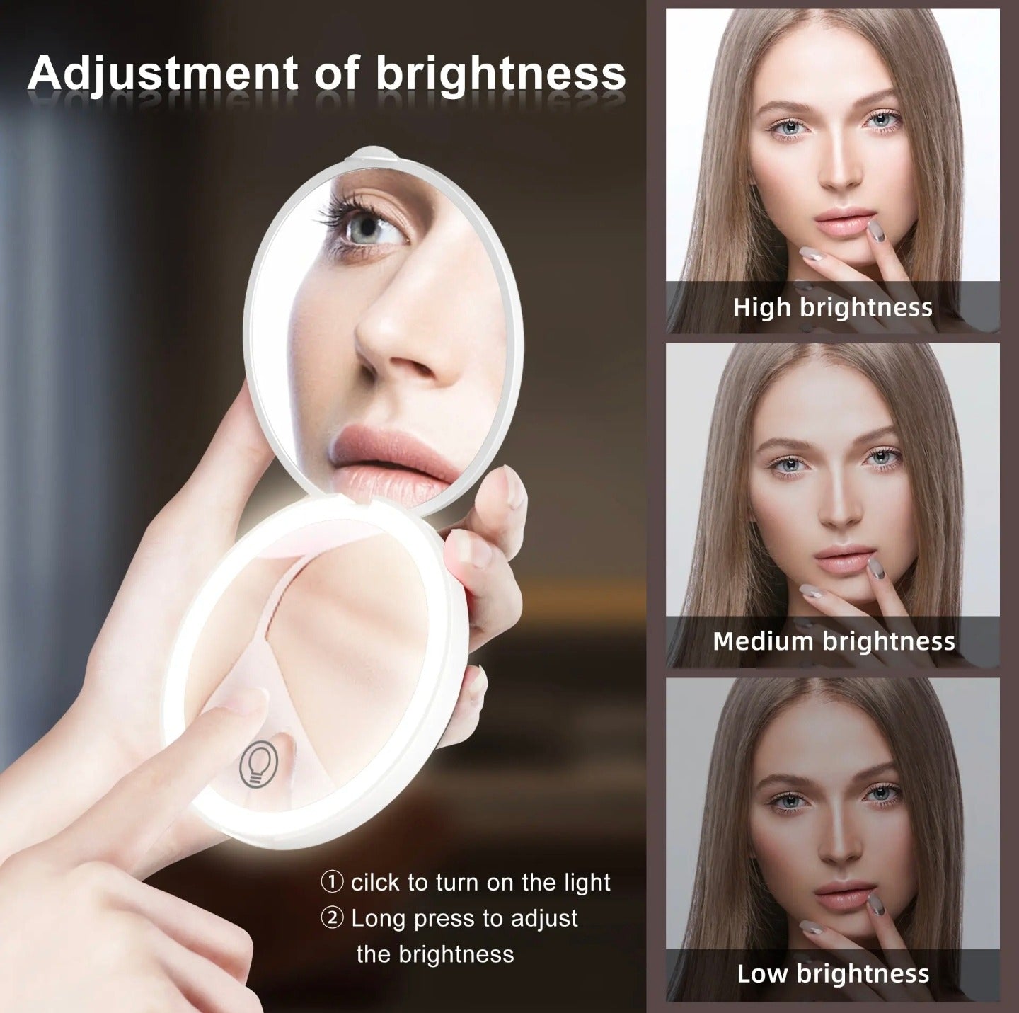 A Woman is Holding LED Compact Makeup Mirror and Reflecting.