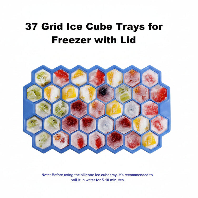 Honeycomb Silicone Ice Cube Tray  with colorful frozen cubes on a white background