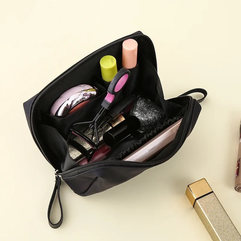 Portable Waterproof Solid Color Cosmetic Bag Toiletry Storage Pouch  in black color
