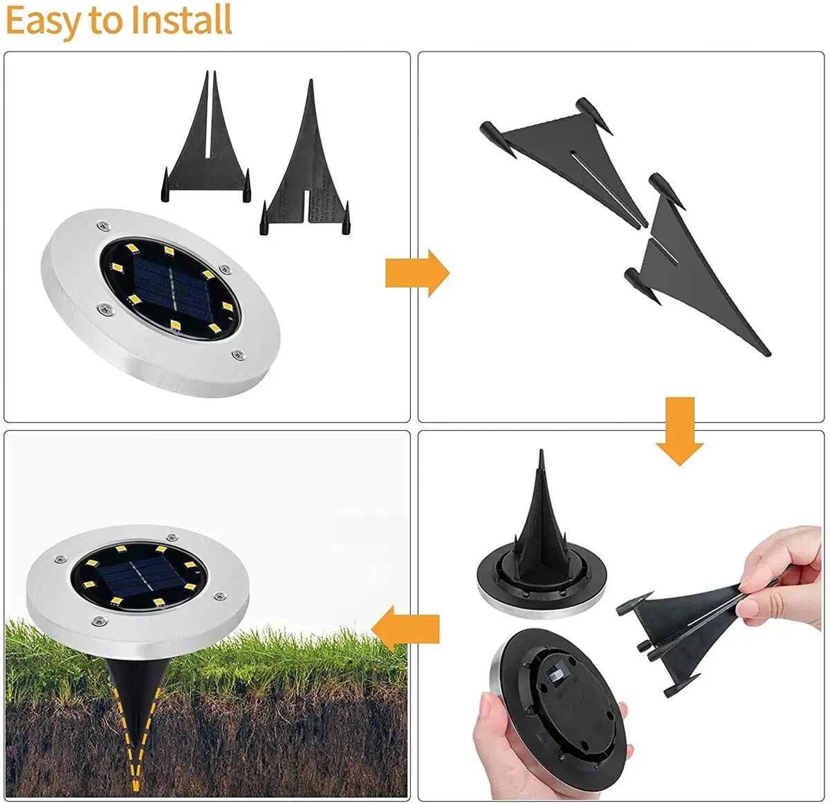 مصابيح قرصية LED خارجية تعمل بالطاقة الشمسية للحدائق، مصباح أرضي شمسي مقاوم للماء من الفولاذ المقاوم للصدأ بمعيار IP65 [عبوة من 4 قطع]