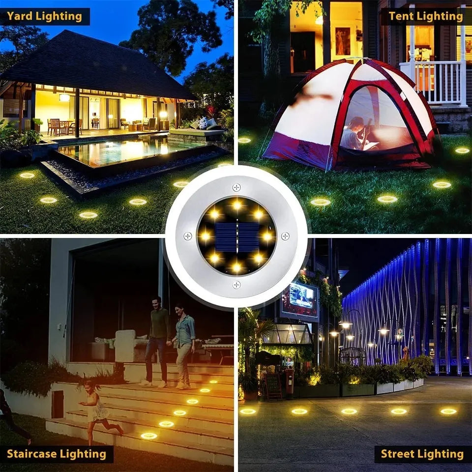 مصابيح قرصية LED خارجية تعمل بالطاقة الشمسية للحدائق، مصباح أرضي شمسي مقاوم للماء من الفولاذ المقاوم للصدأ بمعيار IP65 [عبوة من 4 قطع]