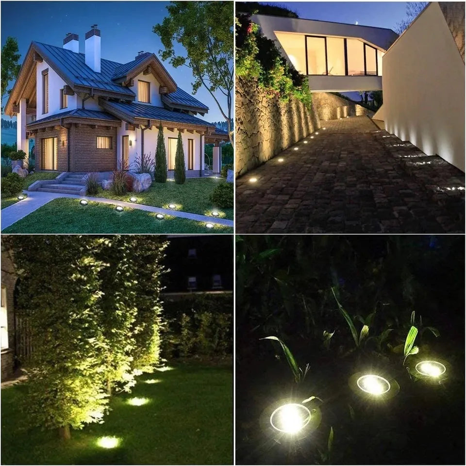 مصابيح قرصية LED خارجية تعمل بالطاقة الشمسية للحدائق، مصباح أرضي شمسي مقاوم للماء من الفولاذ المقاوم للصدأ بمعيار IP65 [عبوة من 4 قطع]
