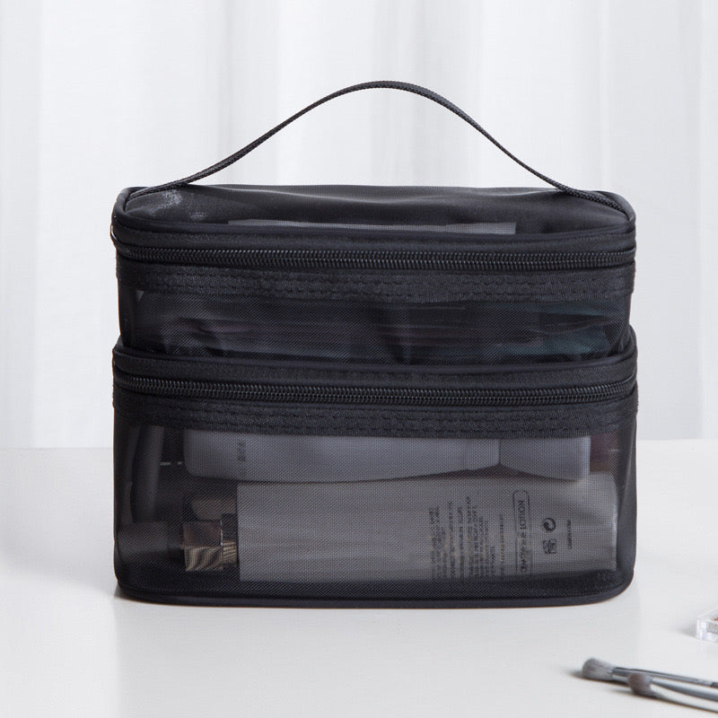 Double Layer Mesh Cosmetic Bag in black color