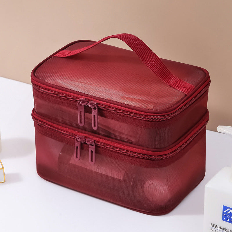 Double Layer Mesh Cosmetic Bag in red color