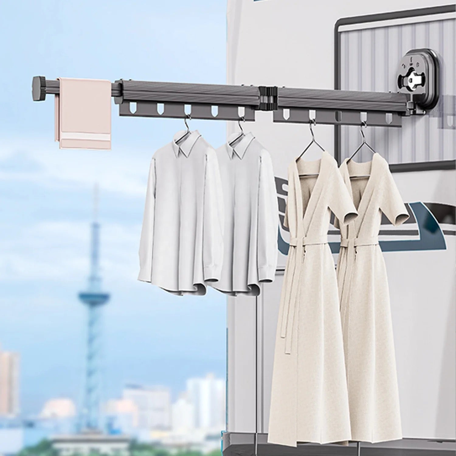 Cloths hung on a Folding Laundry Rack which is mounted on a iron wall