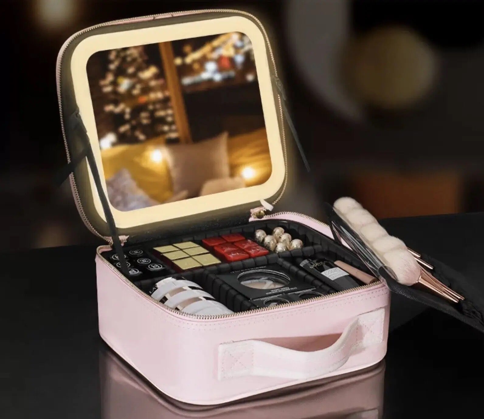 Makeup Essentials Organized With This Pink Portable Travel Makeup Cosmetic Organizer Bag WIth LED Mirror