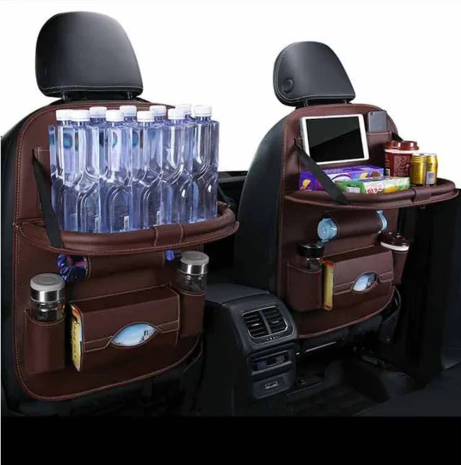 Snacks,beverages and mobile neatly organized in Car Seat Back Organizer installed on two front seats of a car 