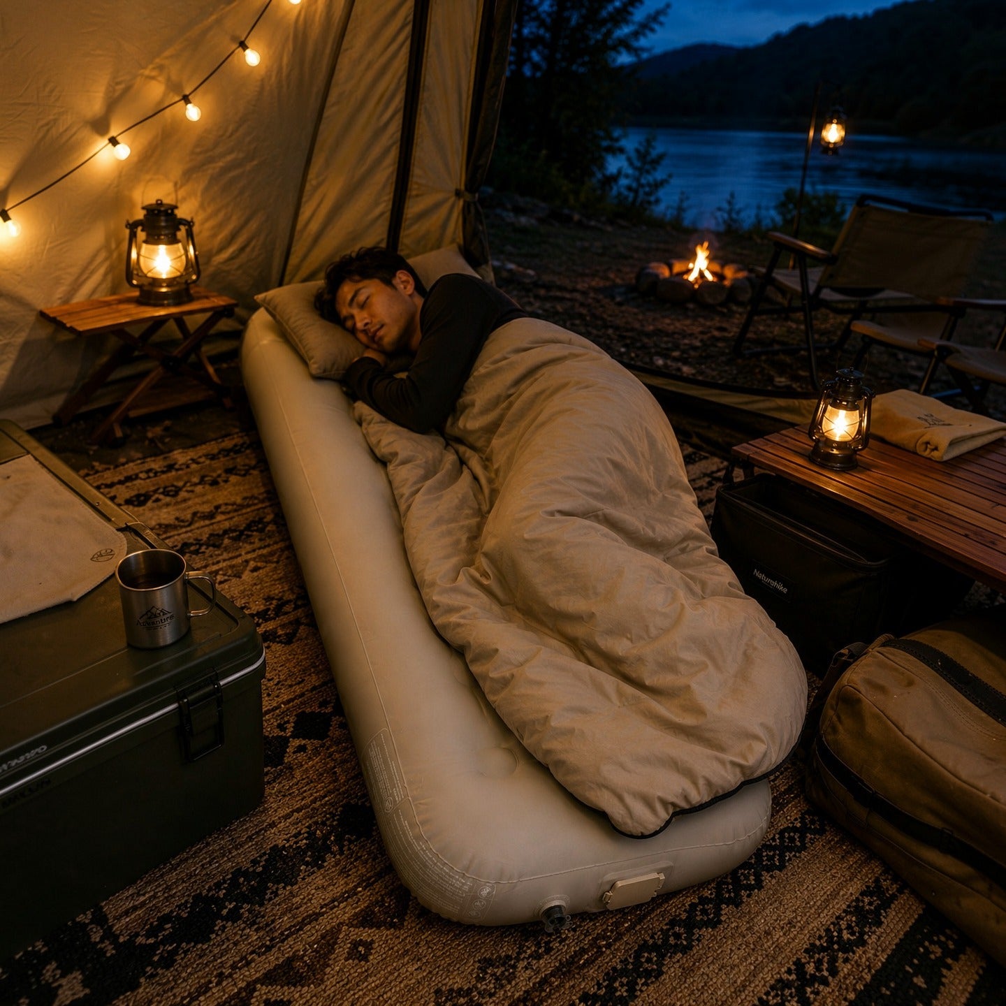 Person sleeping in a Single Size Inflatable Air Mattress inside a tent by a campfire and body of water at night.