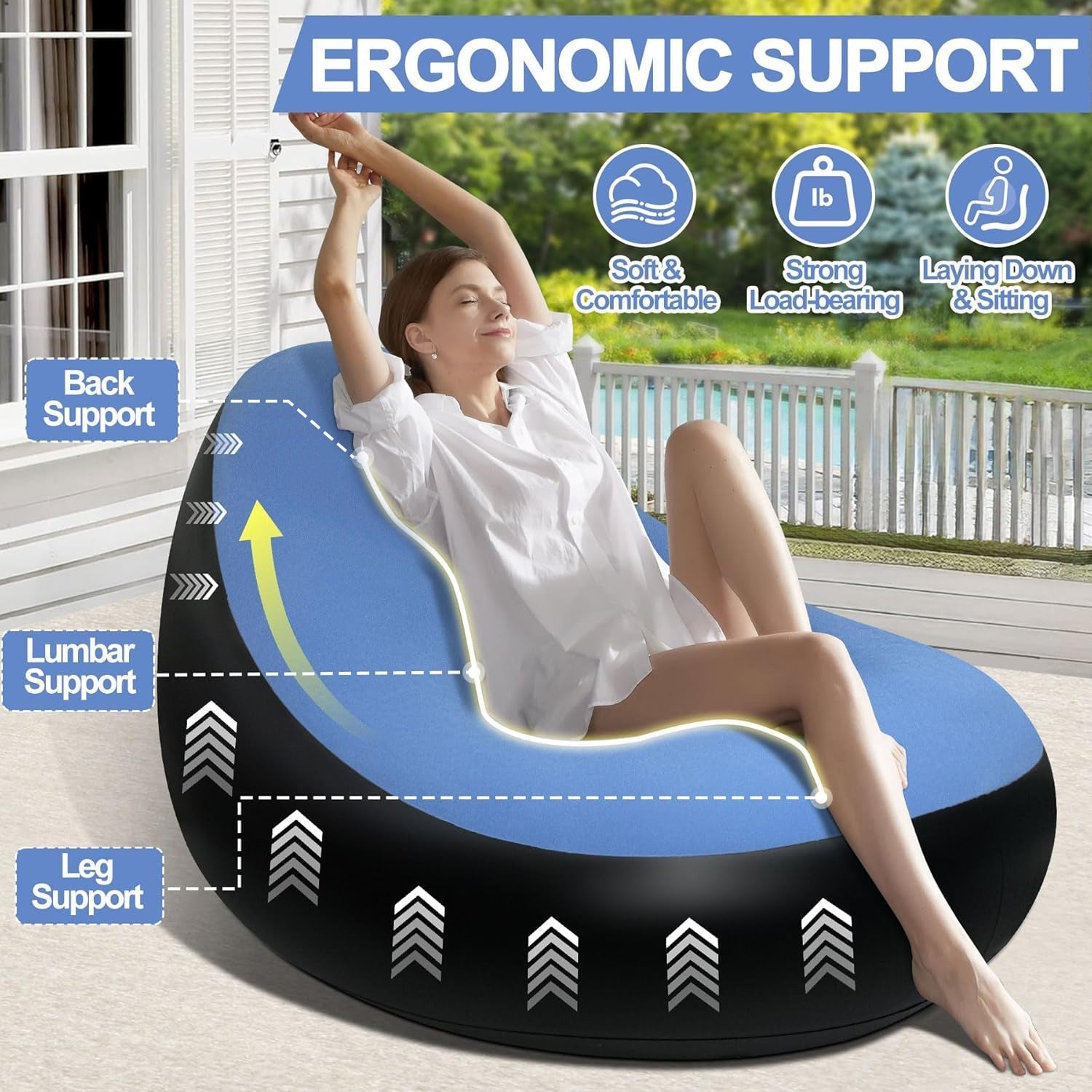 A Woman is Resting On Inflatable Sofa Chair with Foot Stool.