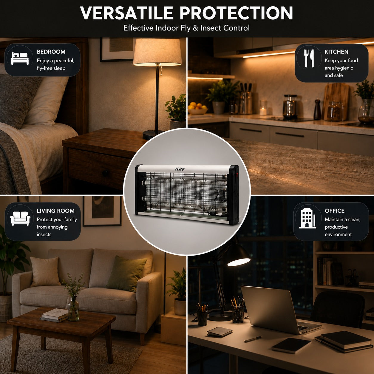 Insect killer device with images of a bedroom, kitchen, living room, and office to demonstrate its effectiveness.