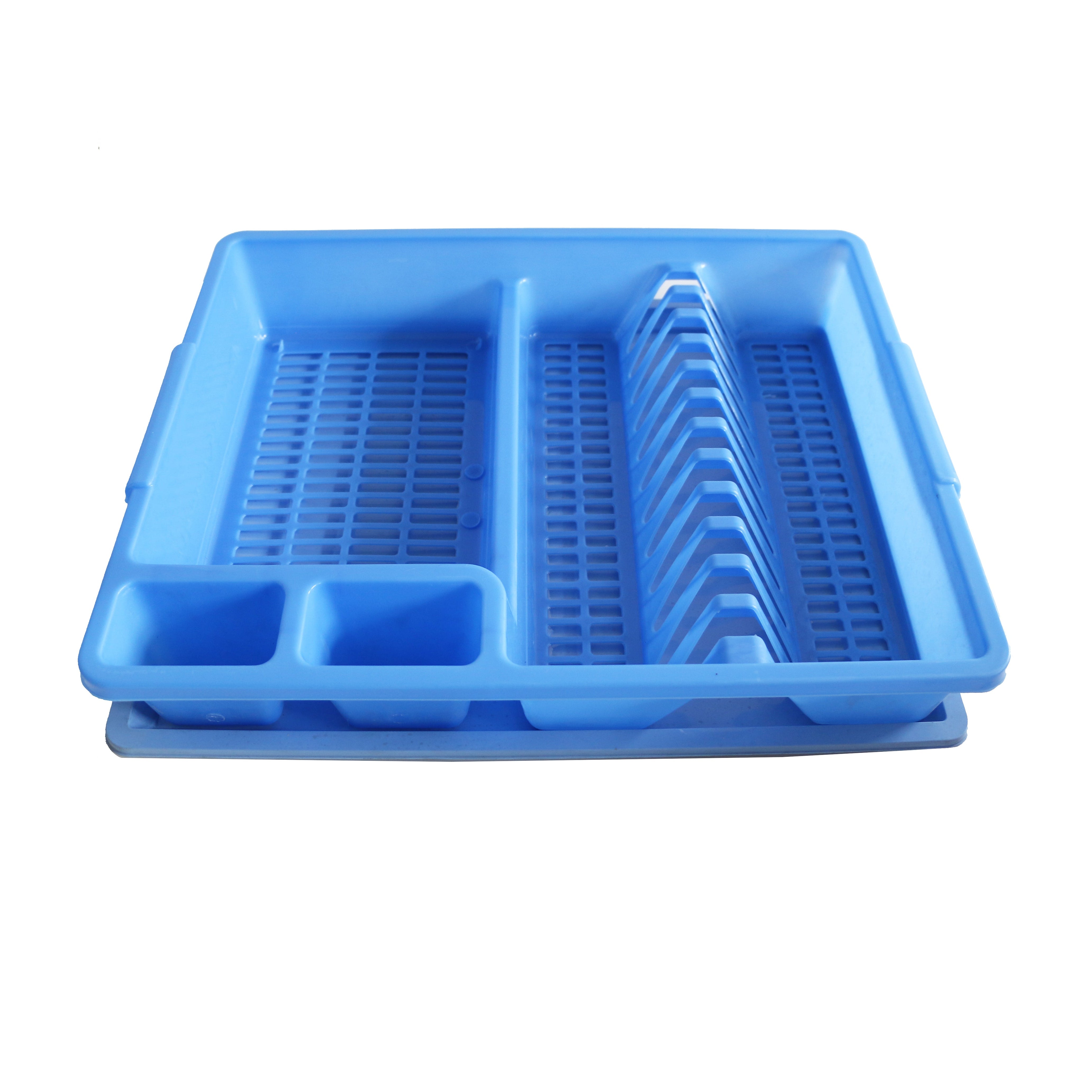 Blue plastic tray with grid compartments on a white background