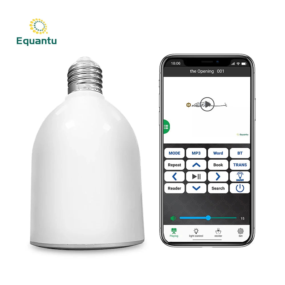 LED Qur’an Speaker Lamp and a Mobile Shows its App Interface.