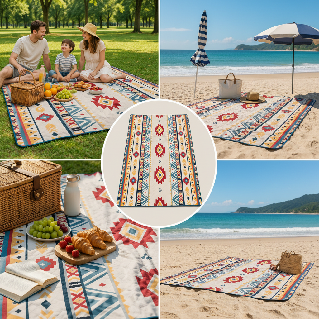 Collage of people using a patterned picnic blanket in various settings.