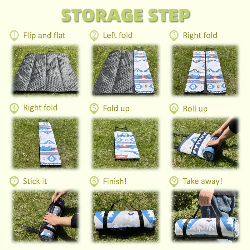 Step-by-step guide on how to store a Large Waterproof Foldable Picnic Mat with images and text instructions.