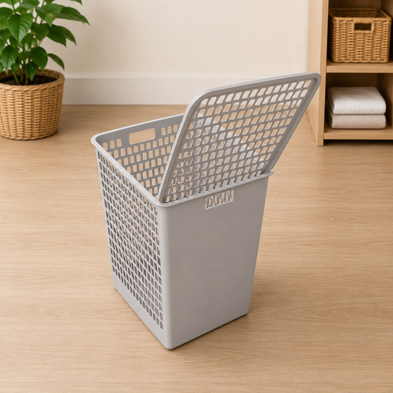 Laundry Basket with Lid on a wooden floor with a plant and shelves in the background