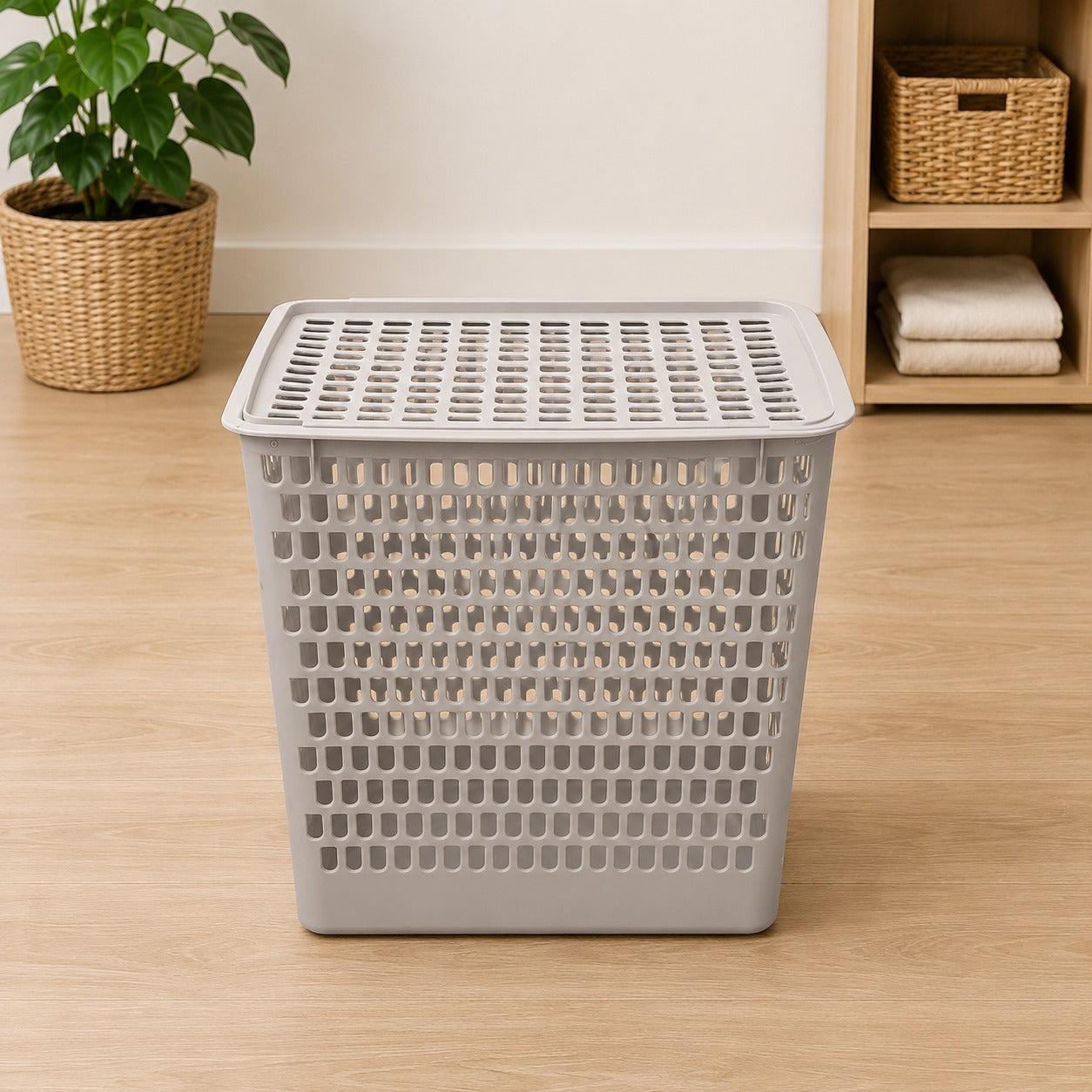 Gray laundry basket on a wooden floor with a plant and shelves in the background