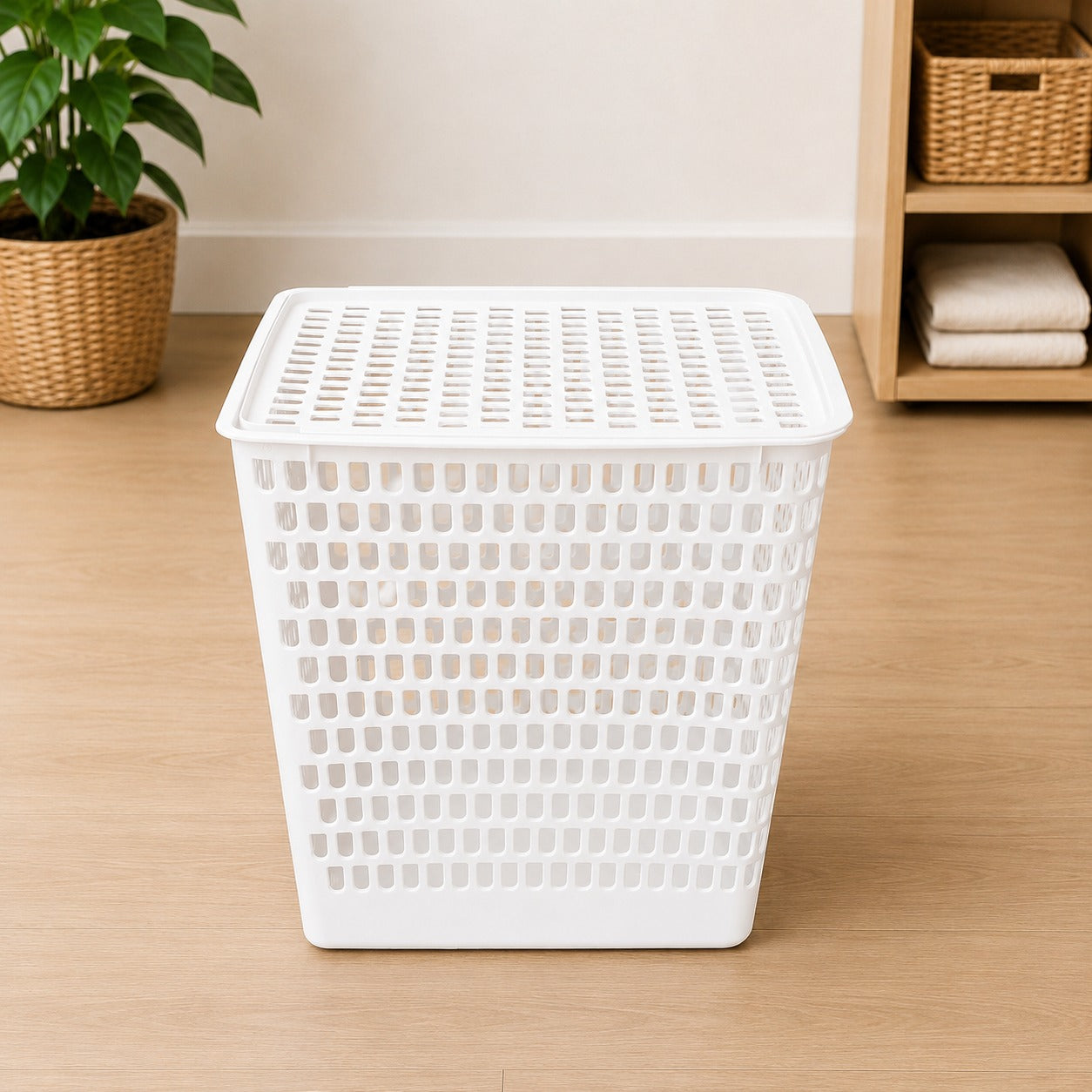 White laundry basket on a wooden floor with a plant and shelves in the background