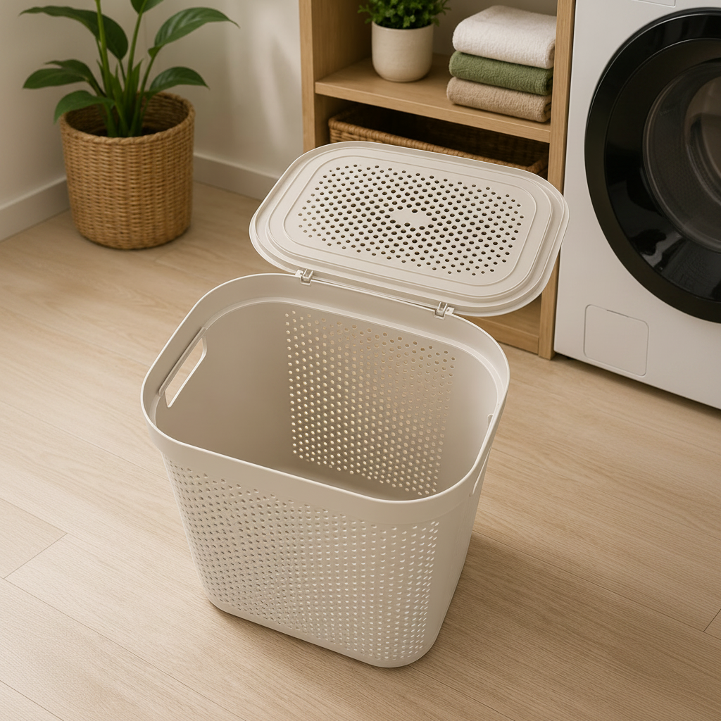 laundry basket with lid on a wooden floor next to a washing machine and shelves with folded clothes.