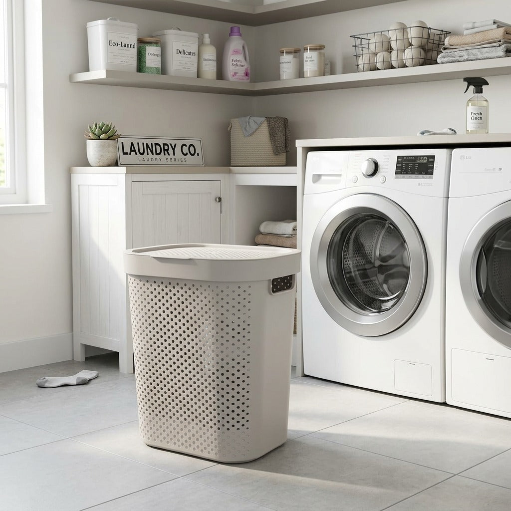 Laundry room with washing machine, dryer, and laundry basket.