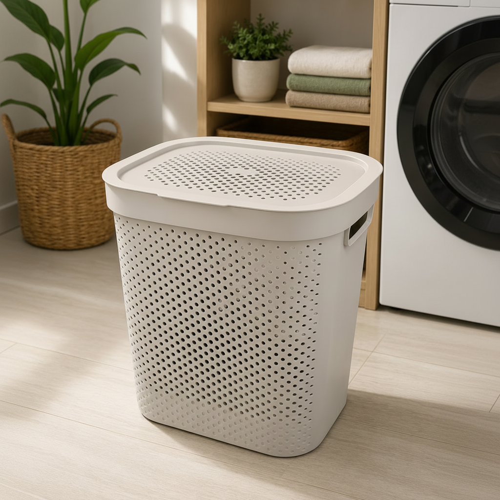 White laundry basket on a wooden floor with a plant and shelves in the background