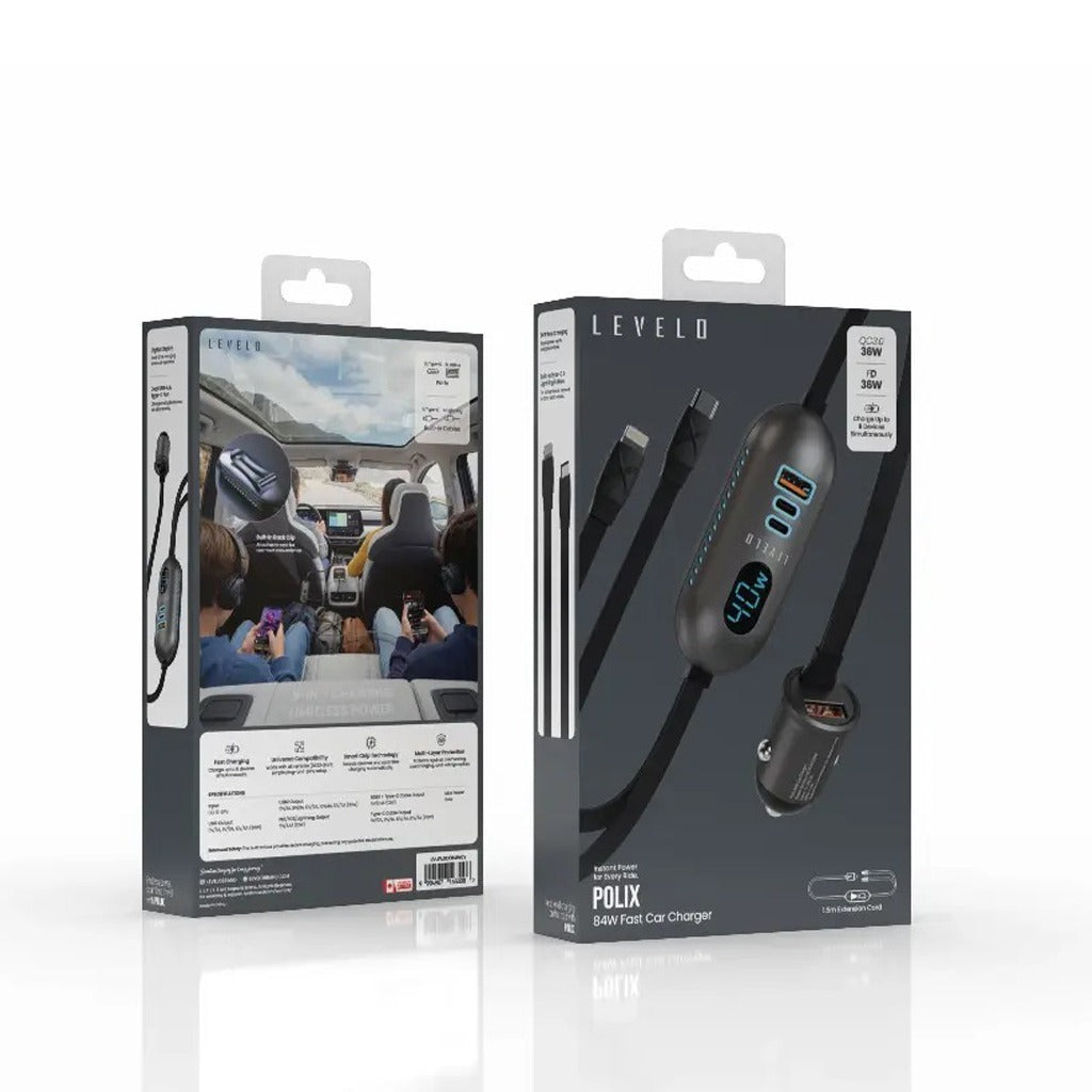 Two Levelo car charger packaging boxes on a white background
