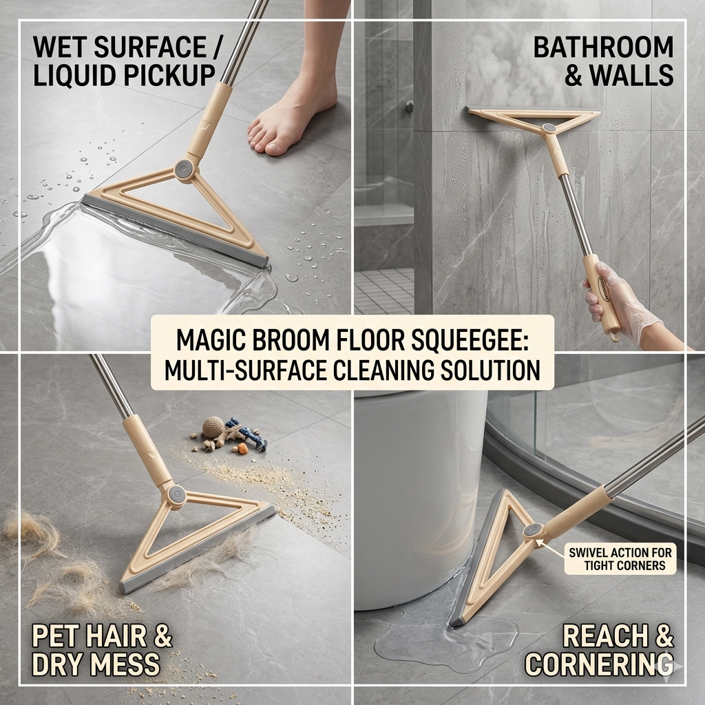 Magic Broom Floor Squeegee used for wet surfaces, liquid pickup, bathroom walls, pet hair, and dry mess.