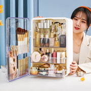 A Women is Showing Her Makeup Storage Box.