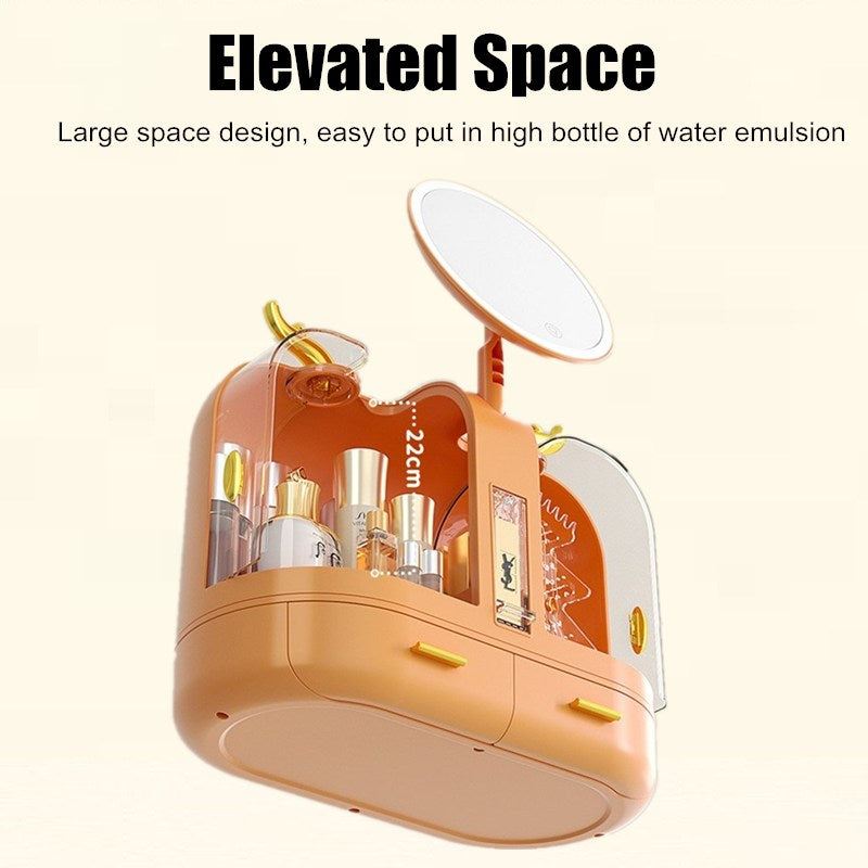 Cosmetic organizer with multiple compartments on a beige background