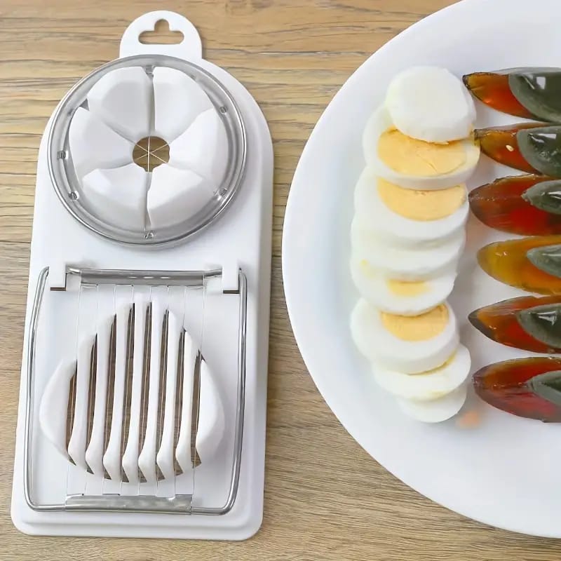 A Person is Slicing Egg Using Heavy Duty Manual Egg Slicer is Placed Near Sliced Egg.
