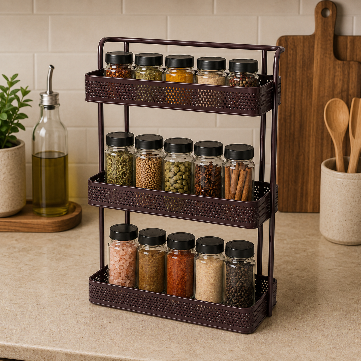 Metal Organizer Rack with various jars of spices on a kitchen counter.
