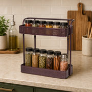 Metal Organizer Rack with jars of spices on a kitchen counter