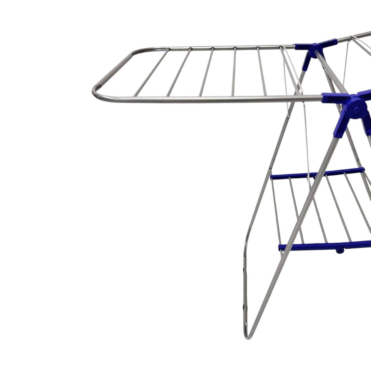 Metal clothes rack with blue accents on a white background