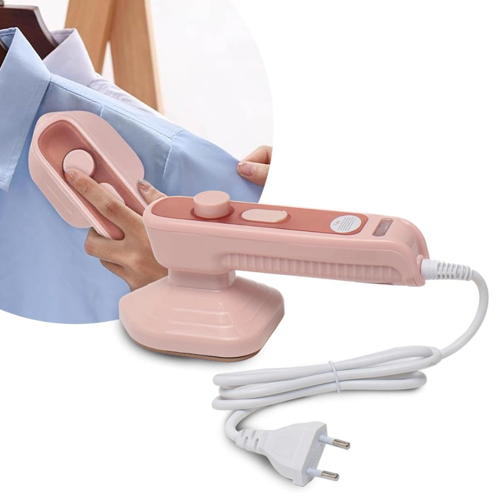 A person is using Pink handheld steamer with power cord on a white background