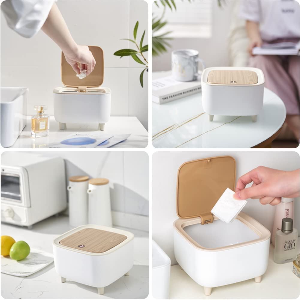 Collage of Mini Trash Can showing the usage at different scenarios.