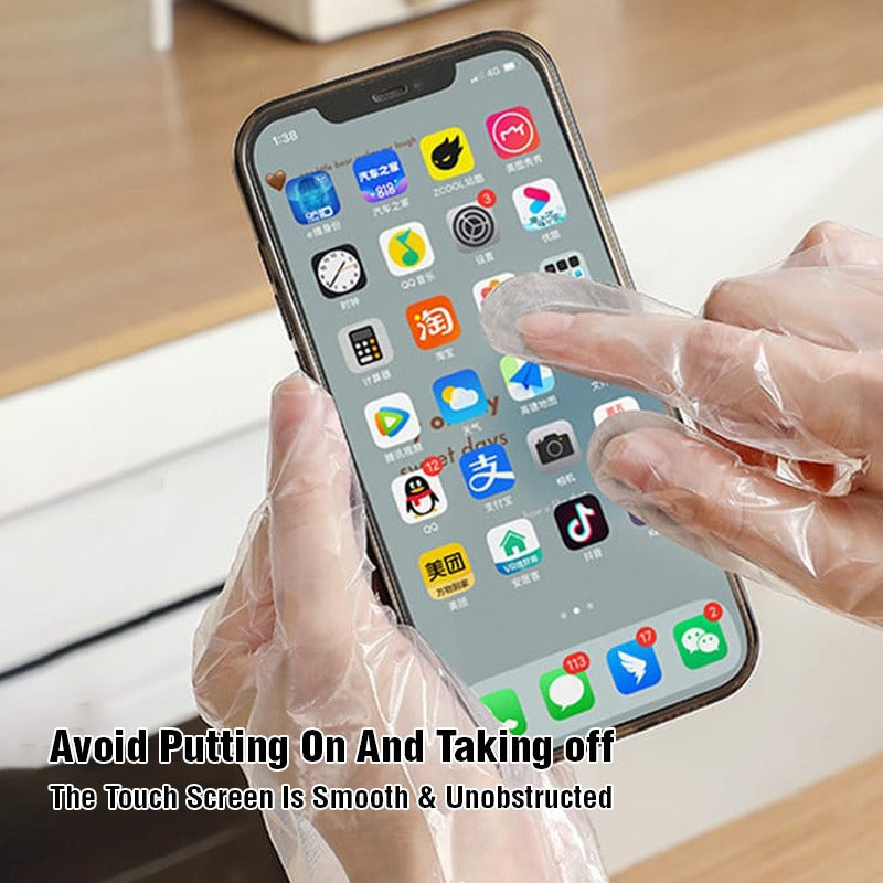 A Person is Using Phone by Wearing Disposable Anti- Slip Wear Long Sleeve Glove.
