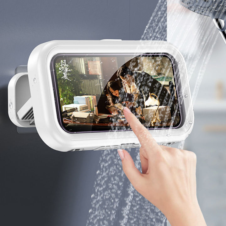 A Person is Touching The Screen of Mobile Phone Which is Placed in A Bathroom Waterproof Mobile Phone Holder.