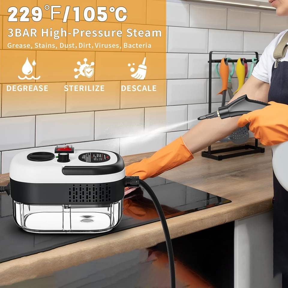 A Woman is Cleaning kitchen countertop using Multi-Function Steam Cleaner.