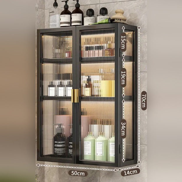 Size Of Home Storage Rack Shelf With Cabinet Doors Contains Toiletry Items.