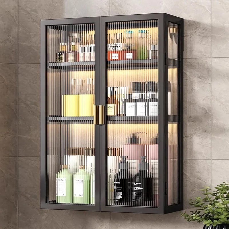 Home Storage Rack Shelf With Cabinet Doors Attached On the Wall.