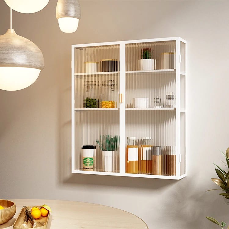Home Storage Rack Shelf With Cabinet Doors Attached on the Wall