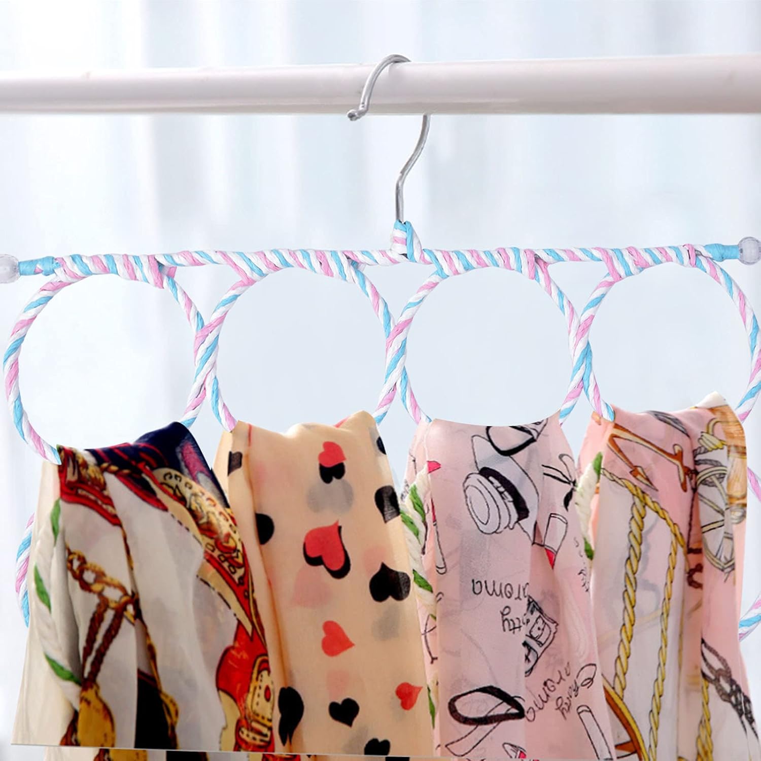 Set of patterned scarves on a Multi-Ring Hanging Scarf Holder