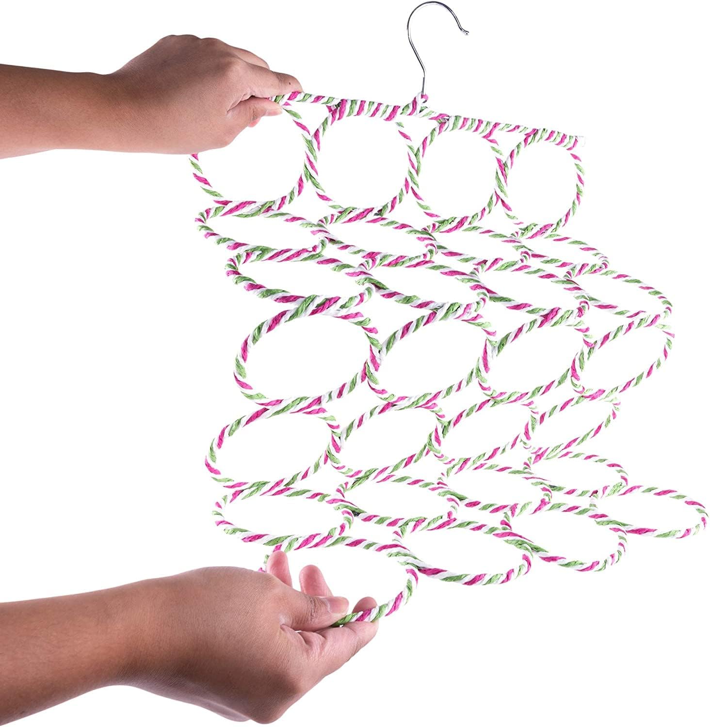 A Person is Folding Multi-Ring Hanging Scarf Holder.