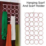 Hanging scarf holder with scarves on a wooden door and close-up of the holder.