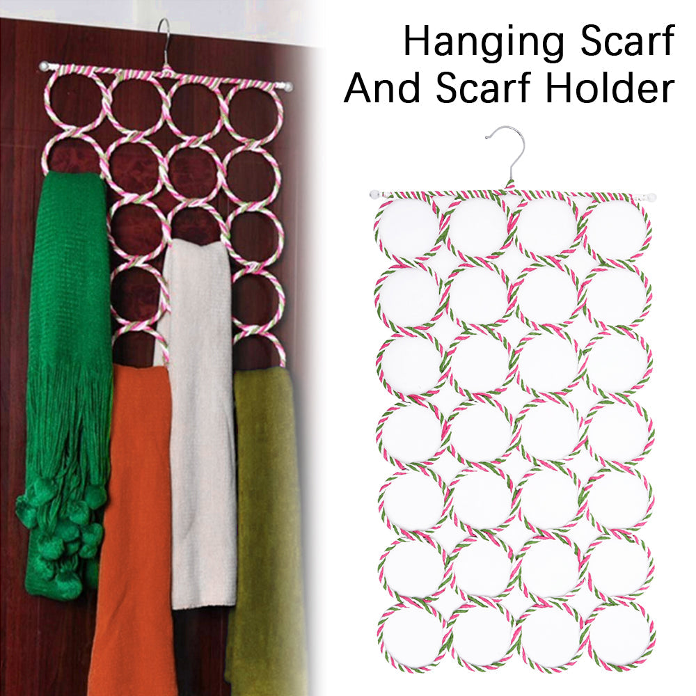 Hanging scarf holder with scarves on a wooden door and close-up of the holder.