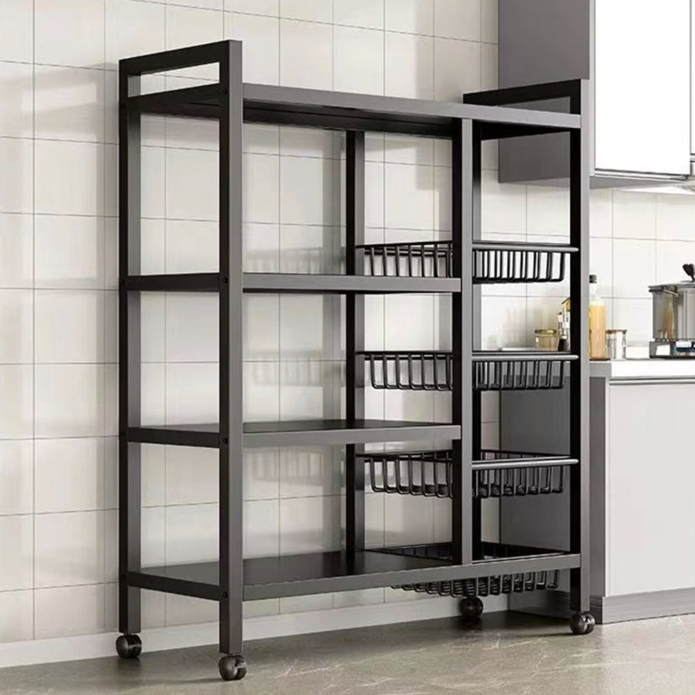 Multi-Tier Kitchen Storage Rack Kept at Kitchen Corner.