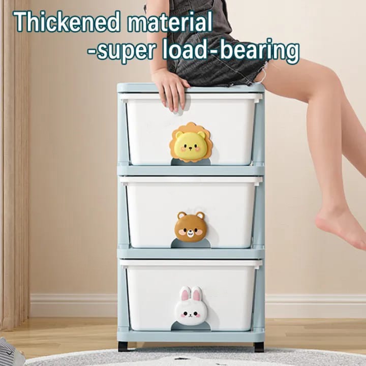 A Women is Sitting On the Multi-layer Drawer Type Storage Cabinet Box.