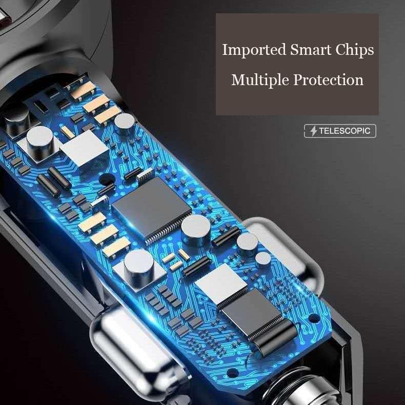 3-in-1 Retractable Cable Multi-Charging Car Charger Adapter with multiple chip protections