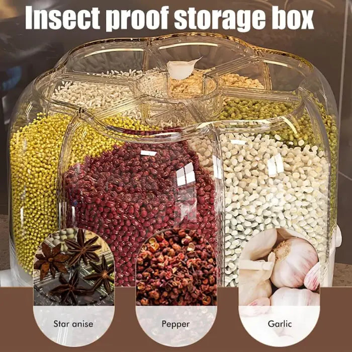 10L Rotating Rice Barrel Multi-Grain Storage Container with compartments for star anise, pepper, and garlic.