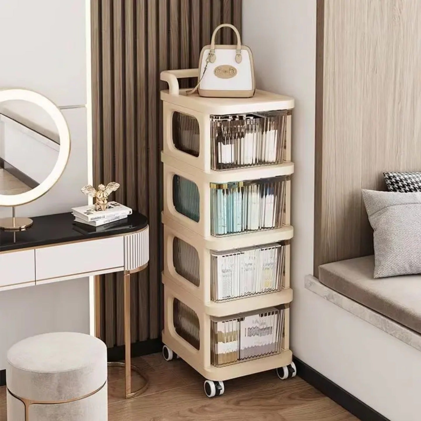4 Layer Multifunctional Storage Trolley Rack Organized with Books.